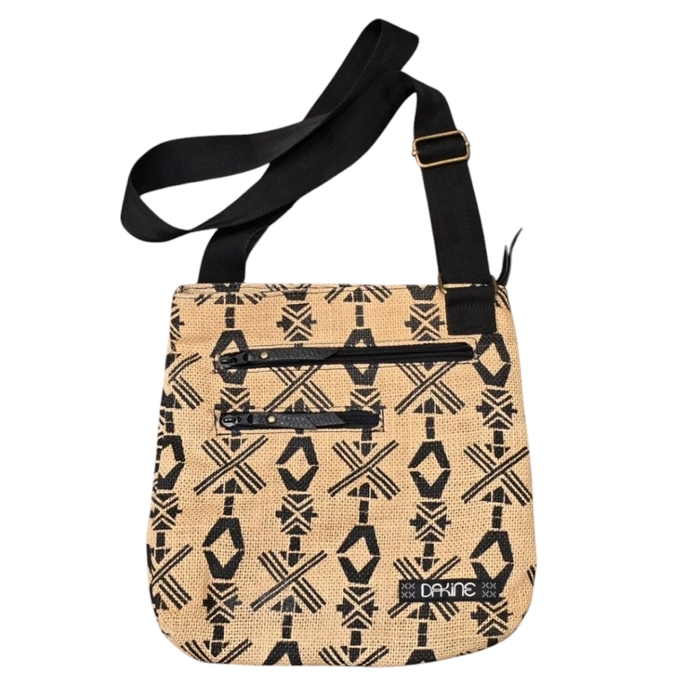 Dakine‎ Vintage Tan/Black Aztec Design Burlap Crossbody Bag Tote